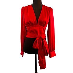 Marissa Webb Collective Red Silky Satiny Blouse Top Deep V Neck Side Zip Close 4